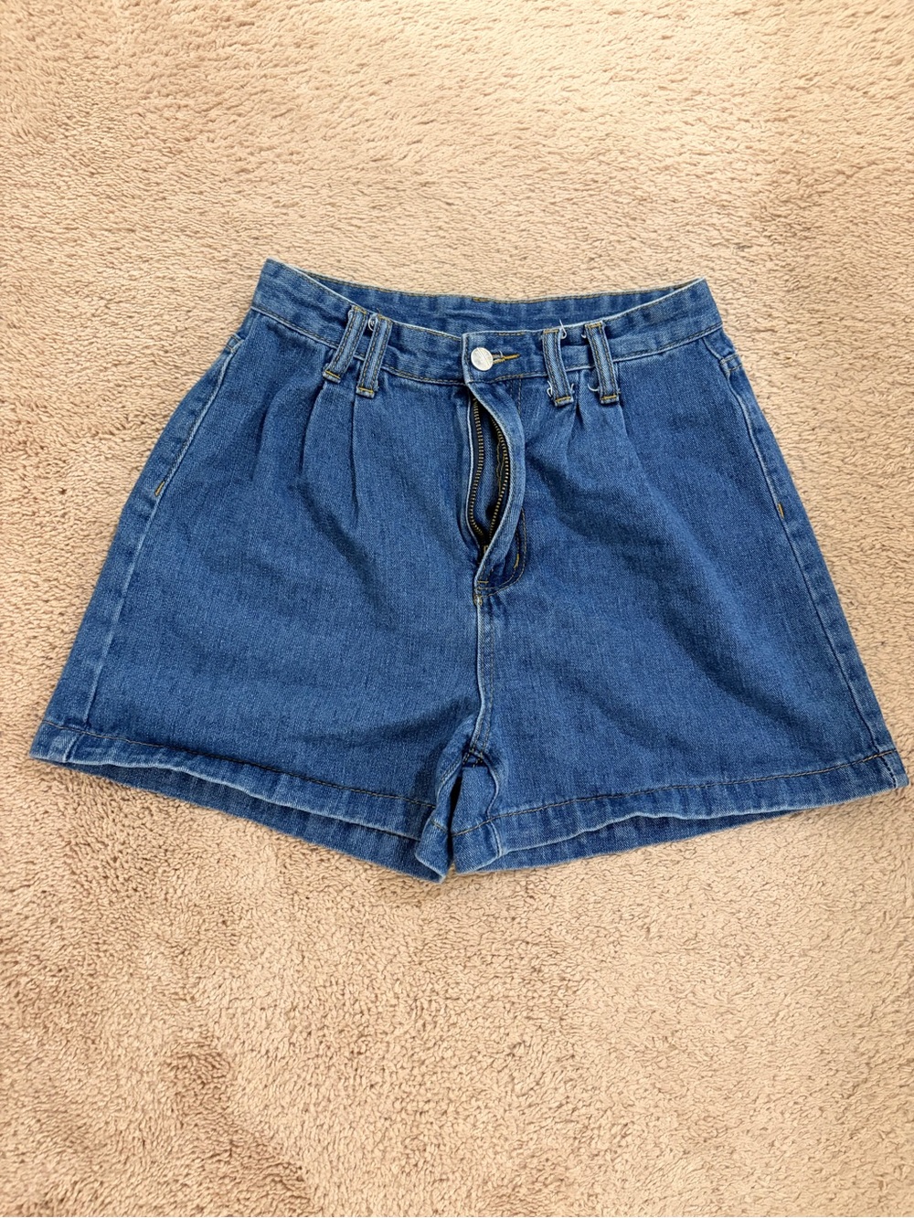 SHEIN Blue High-Rise Pleated Denim Shorts #131